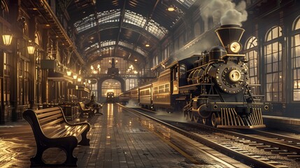 A retro train station decorated with brassware, wooden benches and a steam locomotive.