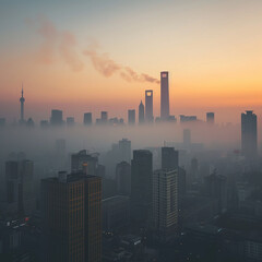 Fototapeta na wymiar Unhealthy urban air PM 2.5 City Industry Under Sunset Sky
