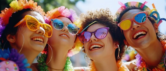 Fototapeta premium Group of joyful people celebrating at a colorful festival with sunglasses and feather boas.
