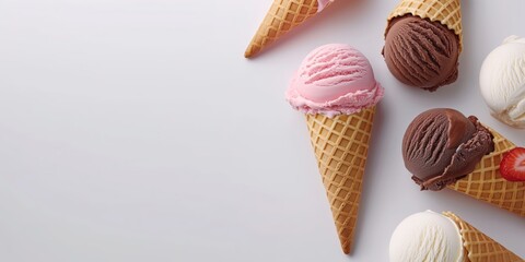 A diverse selection of ice cream cones laid out on a minimalistic white background, offering a refreshing treat