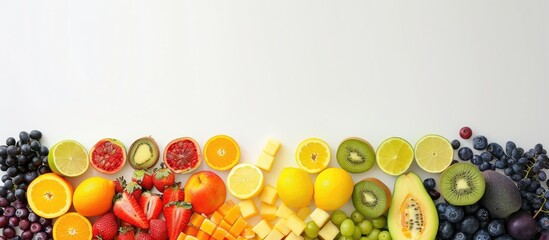 Colorful fruits with a rainbow spectrum on a white backdrop. Promoting healthy eating habits and...