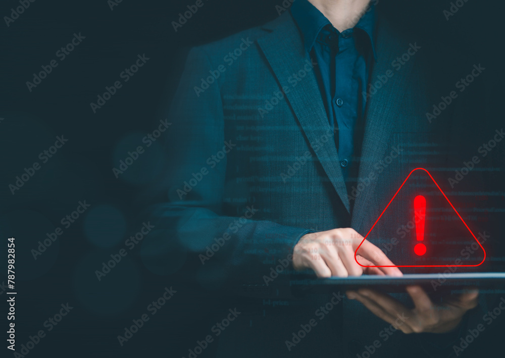 Poster system failure, cyber error symbol warning sign on a tablet. concept of risk website technology digi