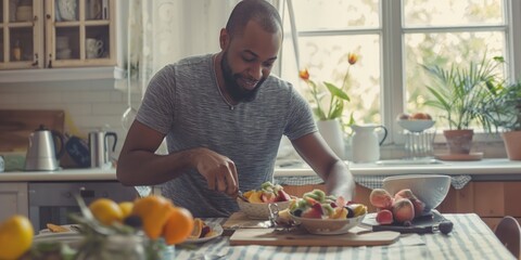 Cheerful man cutting fruits for a salad in a bright kitchen setting, with various kitchenware and fruit in the background - obrazy, fototapety, plakaty