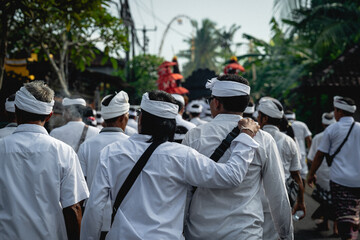 Balinese Friends Brothers going to Traditional Ceremony Procession in Bali with Cultural Attire