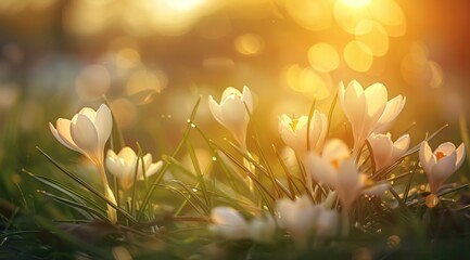 Gentle white crocuses bloom in a sunlit field, heralding spring's arrival amidst a warm golden glow, symbolizing new beginnings and nature's rebirth