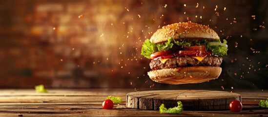 High-quality image of a large hamburger with toppings floating above wooden boards. Space available...