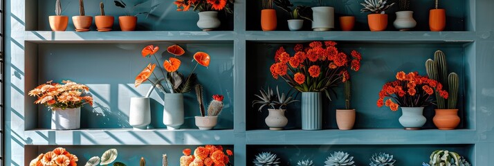 A colorful display of flowers and plants in various flowerpots on a wall shelf