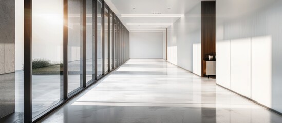 The corridor in the contemporary office building is empty.