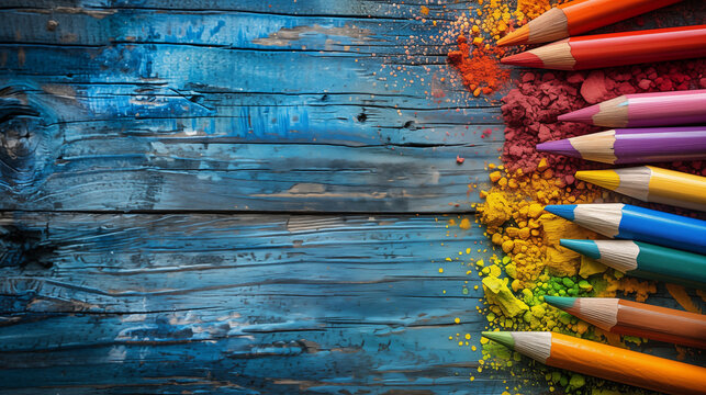 Colorful crayons on rustic wooden background, top view