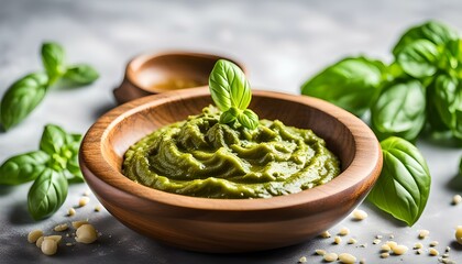 Traditional italian sauce pesto with green basil in wooden bowl isolated on white background
