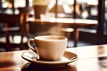 A cup of coffee on a table by a window in a coffee shop - stock photo.