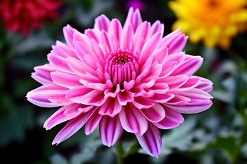 A close-up of a very nice, colorful pink chrysanthemum flower with yellow and green leaves in a garden.