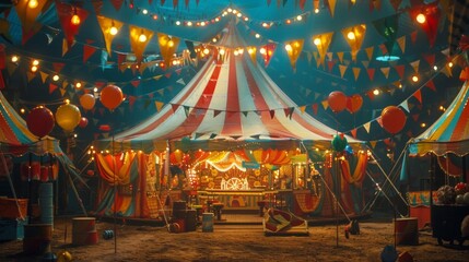 Vintage circus tent with colorful bunting and striped awning.