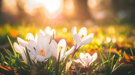 Gentle white crocuses bloom in a sunlit field, heralding spring's arrival amidst a warm golden glow, symbolizing new beginnings and nature's rebirth - obrazy, fototapety, plakaty