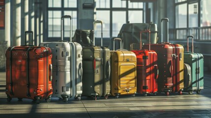 A series of suitcases, large and small, lined up, ready for boarding in a terminal, a traveler's companions - obrazy, fototapety, plakaty