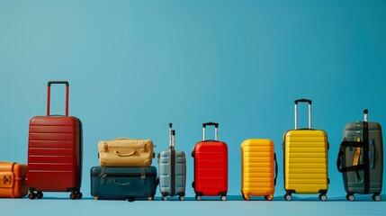 A series of suitcases, from small to large, packed and ready with travel gear on an isolated background - obrazy, fototapety, plakaty