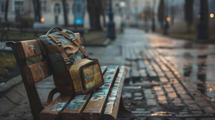 A solitary wooden bench with a travel backpack and a detailed city map, the journey awaits in the cityscape