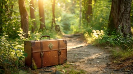 A small suitcase, perfect for weekend getaways, positioned on the path leading to a summer retreat - obrazy, fototapety, plakaty