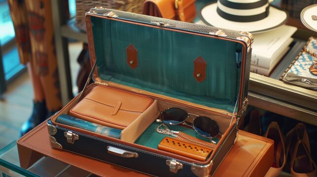 A small, chic suitcase packed with stylish accessories, perfect for a city break