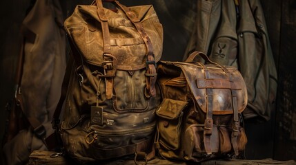 A well-worn travel backpack and hunting bag, ready for a journey to a mysterious gold mine