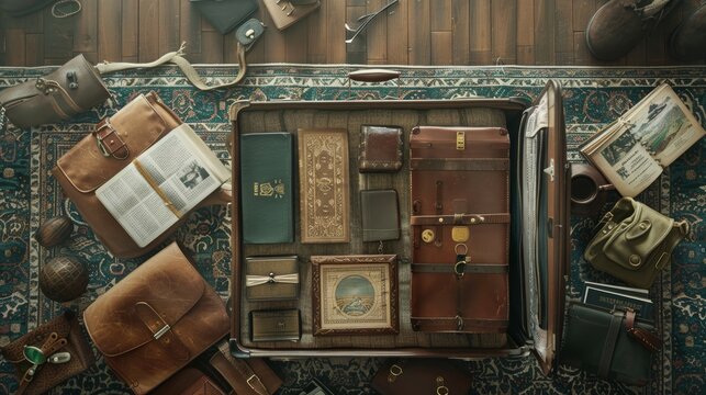 Artistic flat lay featuring a packed large suitcase, travel books and accessories, ready for a new journey