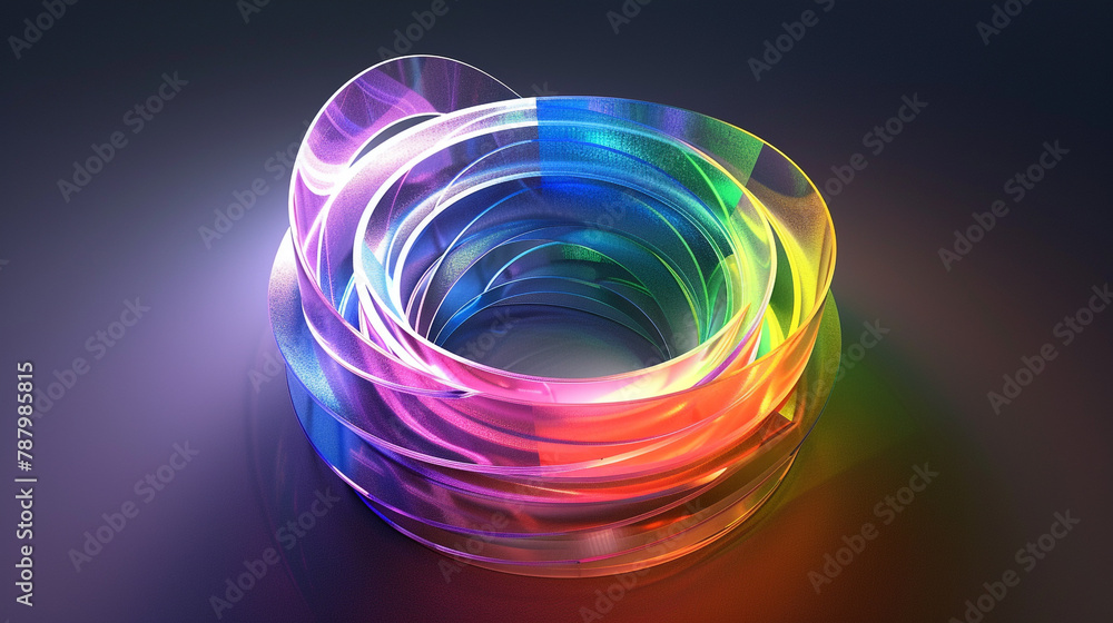 Poster overlapping rainbow hues in 3d give a glowing, layered circular object.