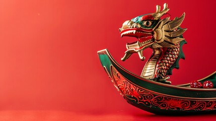 Dragon Boat on red background,Dragon boat Chinese festival, copy space