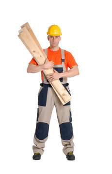 Worker constructor holding carpentry work tools isolated on transparent background.