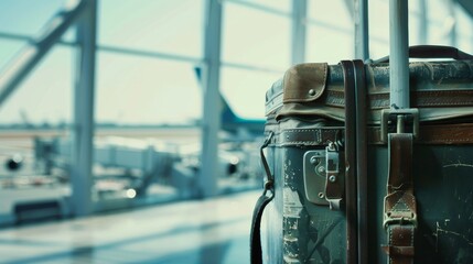Close-up of a large, sturdy suitcase against a bustling airport backdrop, symbolizing global travel - obrazy, fototapety, plakaty