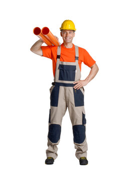 Plumber worker holding plumbing pipes tubes isolated on transparent layered background.