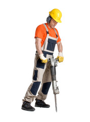 Constructor worker drill isolated on transparent layered background.