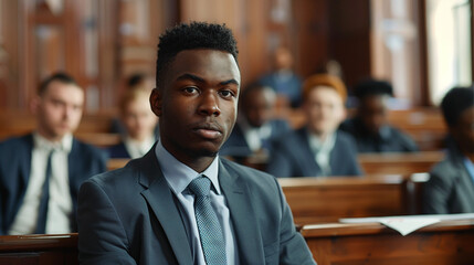 Young African American man in a business suit sitting in a courtroom - obrazy, fototapety, plakaty