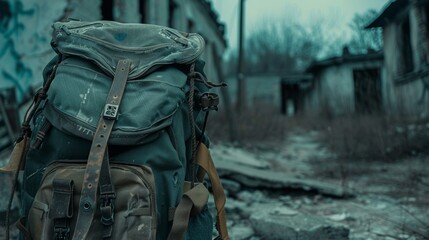 Close-up of a travel backpack against the haunting quiet of an abandoned town, evoking a sense of solitude and exploration - obrazy, fototapety, plakaty