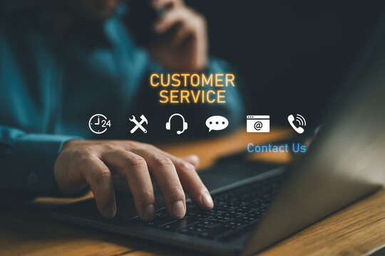 Contact us or Customer support hotline people connect. Businessman using a laptop and touching on virtual screen contact icons ( email, address, live chat, internet online ).