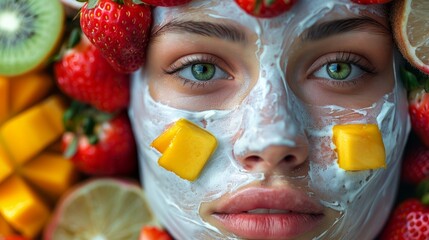 Opting for natural care, a woman applies a nourishing cream and fruit mask, intending to rejuvenate her skin.