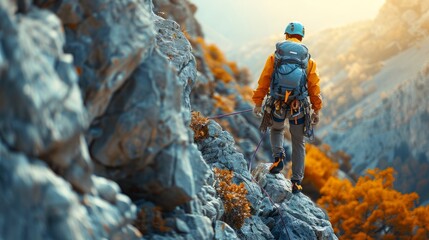Climber with gear treks up a rocky mountain path amidst autumn foliage.