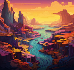 Illustration. Bright fantastic landscape. Mountains, canyon, caves. Lego style - 787986818