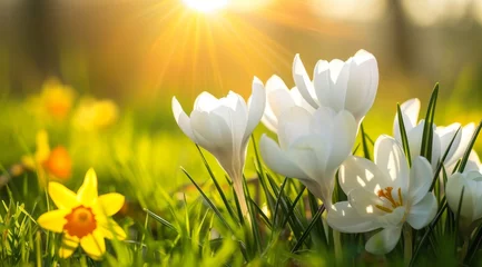 Foto op Canvas Bright spring sunshine bathes elegant white crocuses and vivid yellow daffodils emerging amidst verdant grass, symbolizing the vibrant reawakening of nature © Lena_Fotostocker