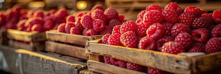 wooden box with delicious ripe raspberries collected in the garden - obrazy, fototapety, plakaty