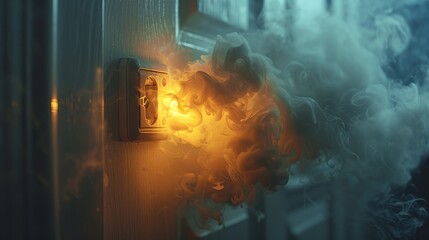 A socket on a home wall belches smoke and sparks, the fire-start of an electrical fault in an eerily empty apartment.