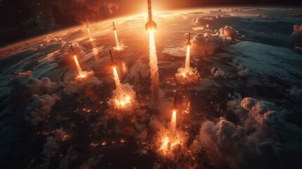 A fleet of missiles ascends into the twilight sky, leaving trails of fire and smoke.
