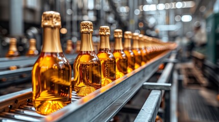 Champagne bottles on winery conveyor belt - alcoholic beverage manufacturing facility