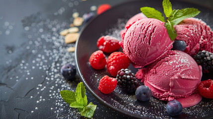 A plate of ice cream with berries on a restaurant table