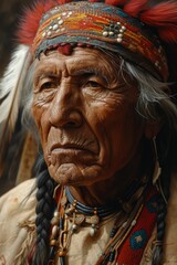 A detailed portrait of an old Indian chief adorned with a traditional headdress.