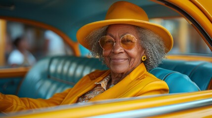 An elderly woman with a yellow hat and glasses.