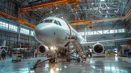 An airplane stands in the wide expanse of a hangar, ready for routine maintenance and repair that ensure flight safety.
