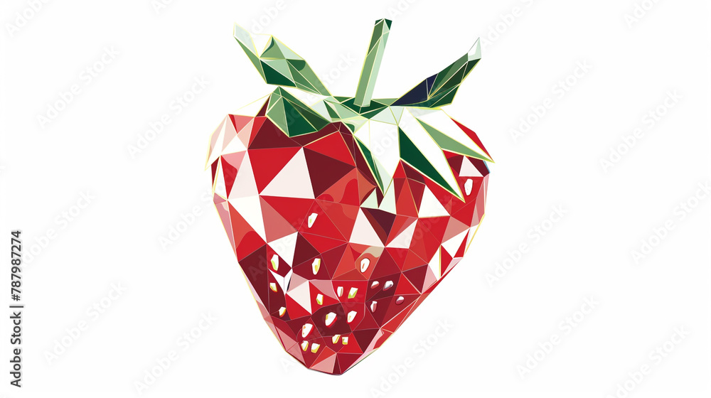 Poster strawberry design in geometric shapes, ruby and emerald on a white backdrop.