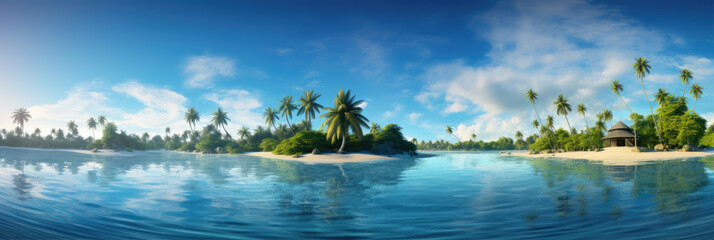 Breathtaking panoramic view of a tropical island with palm trees and clear blue waters, symbolizing travel and tranquility