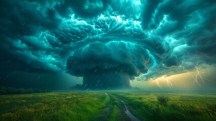 A large tornado cloud swirling menacingly in the middle of a field