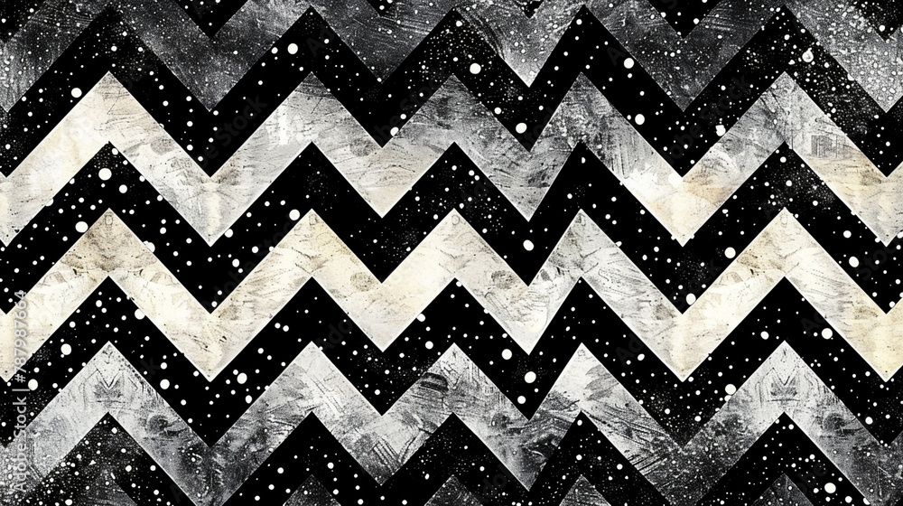Poster modern chevrons with intricate line textures, a sharp-soft monochrome mix.
